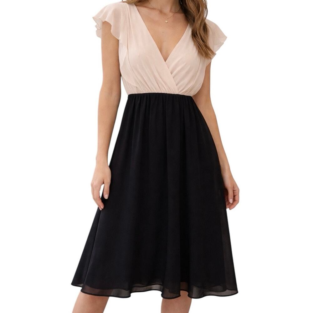 NWT ANM Colorblock Dress Small Black Beige Chiffon V-Neck Ruffle Sleeve‎ Midi